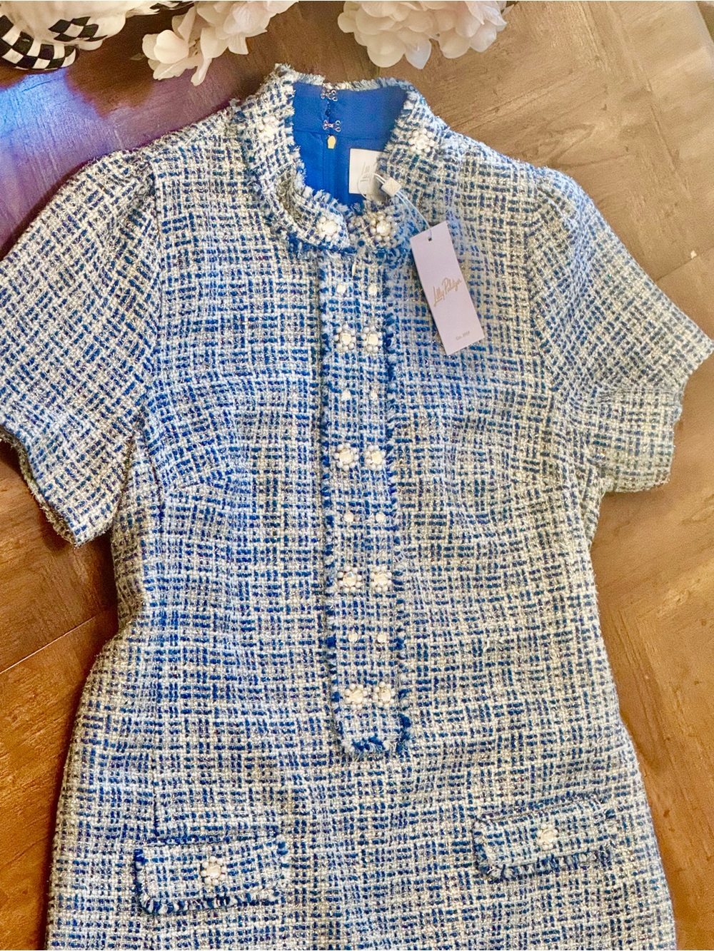 Lilly Pulitzer Boucle Shift Dress Pearl Rhinestone Accents Tangier Teal Ocean 12
